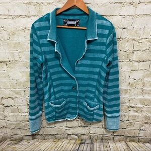 Daytrip Green Striped Cotton Button Sweatshirt Blazer Jacket